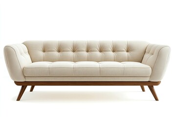 Chic modern sofa with button tufts and angular wooden legs isolated.generative ai