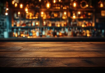 Empty wooden table top with a blurred bokeh background of a night bar interior