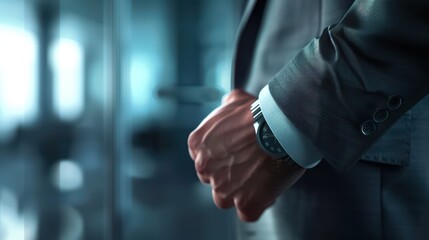 Close-up of a businessman in a suit, adjusting his watch, symbolizing professionalism and punctuality in a modern office setting.