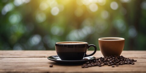 Obraz premium Recycled coffee cup on wooden table with coffee beans.