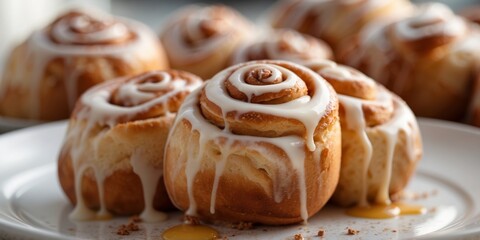 Cinnamon rolls with icing fresh baked goods dessert sweet pastries in a white dish.