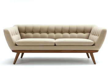 Fototapeta premium Chic modern sofa with button tufts and angular wooden legs isolated.generative ai