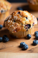 Close-up shot of blueberry muffin with selective focus on front of muffin