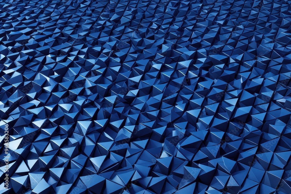 Poster a textured surface of blue triangular shapes, creating a dynamic and modern visual effect.