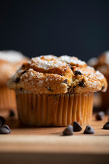 Close-up shot of chocolate chip muffin with selective focus on front of muffin