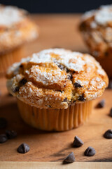 Close-up shot of chocolate chip muffin with selective focus on front of muffin