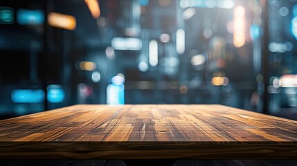 Elegant wooden table with a blurred urban background, ideal for presentations and visuals in modern and contemporary design.