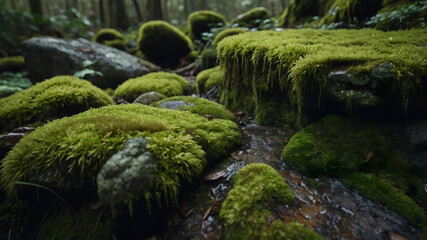 Lush green moss covering rocks beside a gentle stream in a serene forest during early morning light