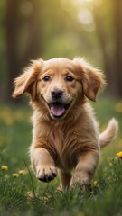 A dog golden retriever puppy with a happy face runs through the colorful lush spring green grass.