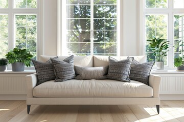 Modern couch with decorative pillows in bright living room, surrounded by plants and large windows, inviting natural light.