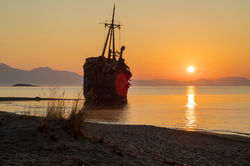 Ship wreck 'Dimitrios' at the coast of Gythion, Greece at dawn