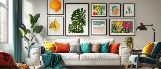 Modern living room with vibrant artwork and cozy furniture, showcasing a stylish and inviting atmosphere.