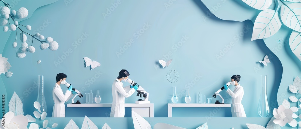 Poster scientists conducting research with microscopes in a serene laboratory setting, showcasing innovatio