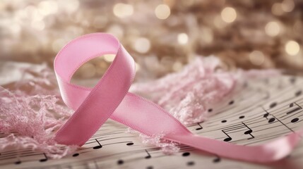 Fototapeta na wymiar Pink Ribbon on Sheet Music with Blurry Bokeh Background