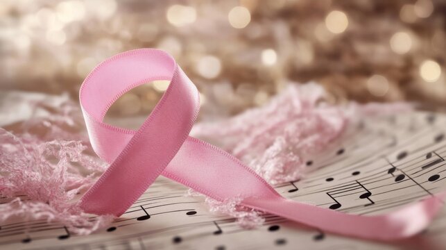 Pink Ribbon on Sheet Music with Blurry Bokeh Background