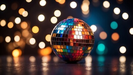 Obraz premium A disco ball with lights and stars in the background.