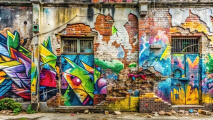 Fototapeta premium Fragmented graffiti drawings on old wall with paint stains in street art style background texture