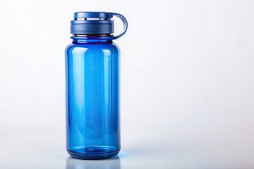 Blue reusable water bottle with secure lid on white background, blue, white background, secure lid, hydration, eye level, eco friendly