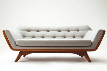 Chic modern sofa with button tufts and angular wooden legs isolated.generative ai