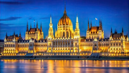 Obraz premium Parliament building in Budapest illuminated at night showcasing its stunning asymmetrical architecture, nighttime, night, building, exterior, historic, tourist attraction, asymmetrical