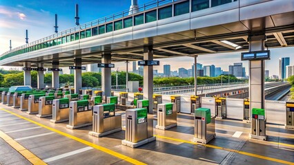 Naklejka premium barrier, innovation, tilted angle, fee payment, expressway, technology, convenience, toll booth, infrastructure, modern, Gate for expressway fee payment in Bangkok by EXAT Tilted Angle