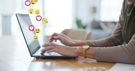 Hands, laptop and social media with emoji icon for notification, communication and digital connection. Female person, technology and post for internet, like and subscribe with content creation app - Powered by Adobe