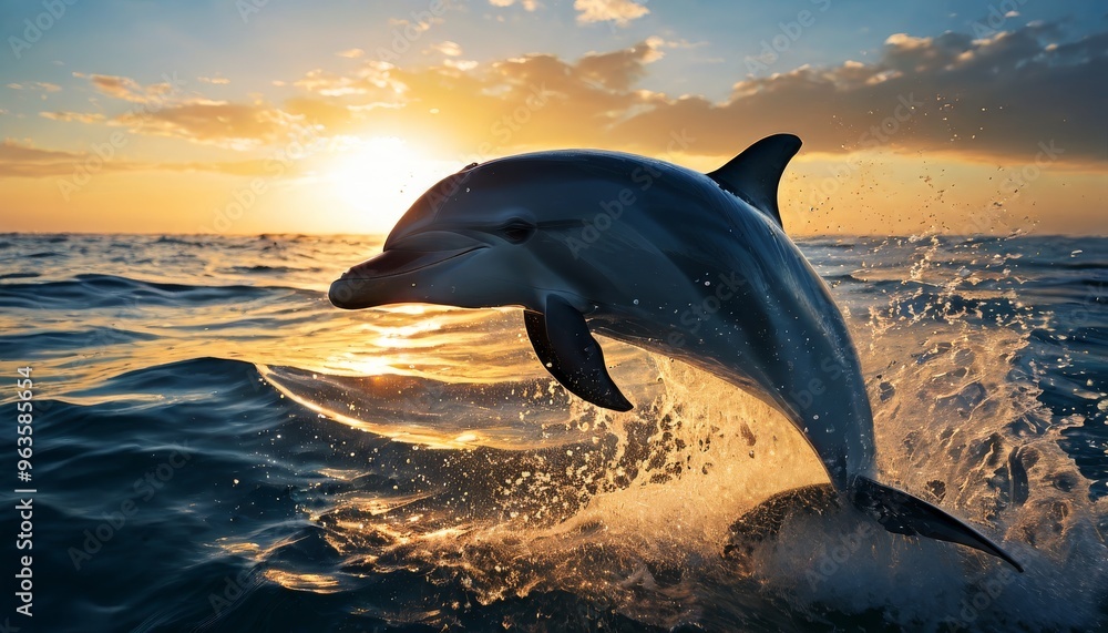 Poster a playful dolphin leaps out of the water against a stunning sunset backdrop. the ocean waves and war
