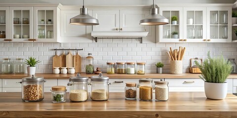 Scandinavian kitchen with glass jars and stove in the background