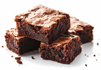 A squared slices of chocolate brownies isolated on white background. Tasty homemade chocolate cocoa brownie, chocolate fudge pieces. Chocolate brownie cake slice set