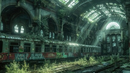 Obraz premium A ruined train station with broken windows and graffiti-covered walls, overgrown with weeds and vines, sunlight casting eerie light through gaps in the deteriorated roof.