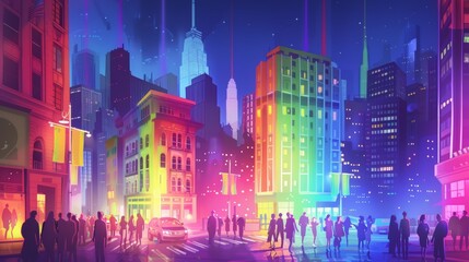Fototapeta premium Vibrant Pride-Themed Cityscape at Night with Rainbow-Colored Illuminations and Strolling People