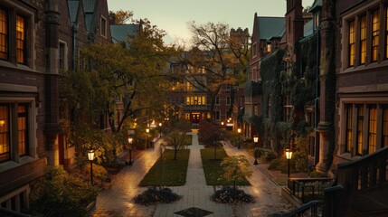 Iconic Ivy League Campus at Dusk - Elegant Architecture and Illuminated Walkways for Academic Prestige