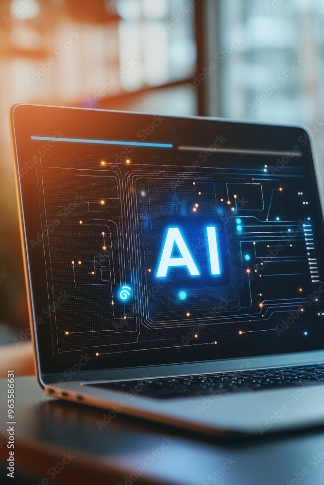 Aufkleber a laptop with a glowing ai symbol on the screen. the symbol is surrounded by a circuit board pattern
