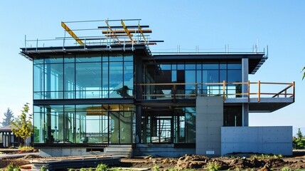 Modern Home Under Construction with Large Glass Windows