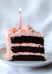 Photoshoot of slice of delicious chocolate cake with colorful icing and birthday candle