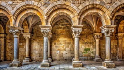 Fototapeta premium Ancient arcade of stone columns on a castle wall