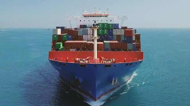 Slow Mo. Flying low over a container ship from nose side to center. A huge cargo ship, 300x48 meters long and wide, sails in open Sea
