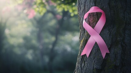 Pink Ribbon Tied Around a Tree Trunk in a Forest