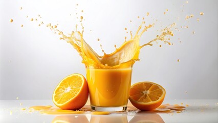 orange, natural, juice, splatter, splash, liquid, healthy, vitamin C, beverage, floating, Orange juice splashing in mid air captured in a high angle shot set against a clean white background