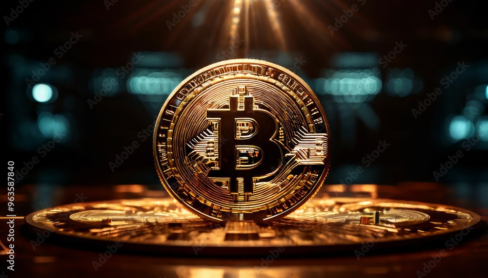Poster a close-up shot of a bitcoin illuminated with dramatic lighting, highlighting its intricate design. 