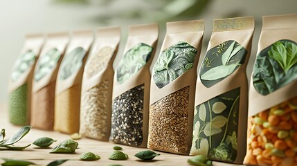 A row of various grains in transparent pouches with green leaves printed on them.