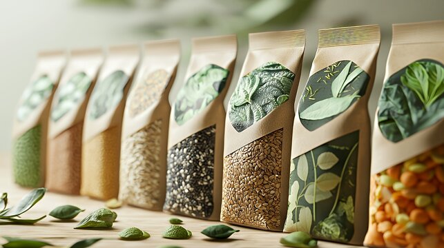 A row of various grains in transparent pouches with green leaves printed on them.