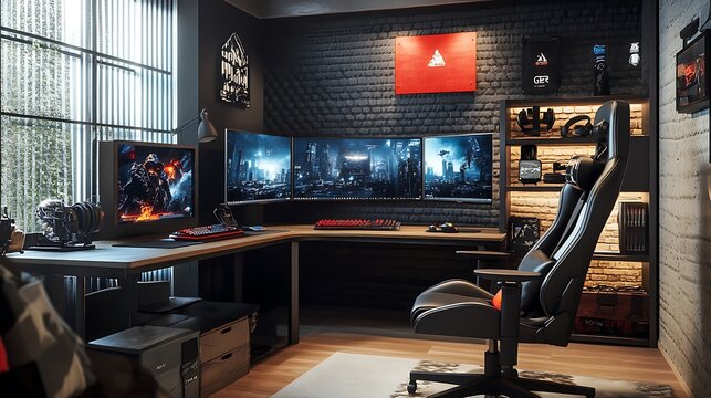 Modern Gaming Setup with Triple Monitors  Gaming Chair and Brick Wall