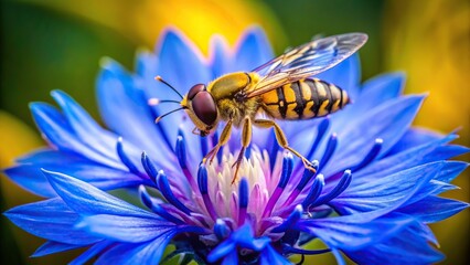 bright, colors, nature, botanical, blue cornflower, gardening, flower, A close up photo of a hoverfly collecting bright yellow pollen from a vibrant blue cornflower wildflower