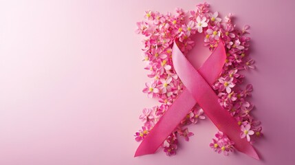 Pink Ribbon and Flowers on a Pink Background
