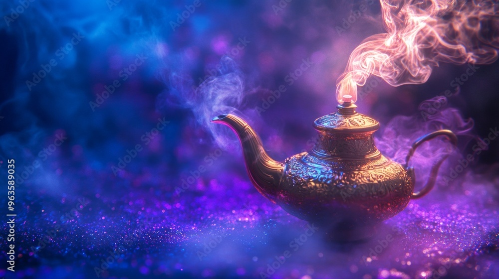 Wall mural a mystical teapot exudes enchanting smoke in vibrant colors. this image captures a whimsical atmosph