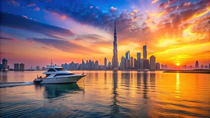 Naklejka premium Amazing sunset over the Dubai skyline with a stunningly colorful sky reflecting on the calm sea as a small luxury yacht glides through the water, luxury, beauty, horizon, vacation