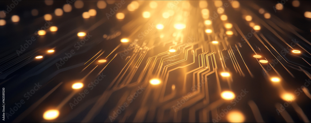 Poster abstract close-up of a circuit board featuring glowing lights and intricate patterns, symbolizing te