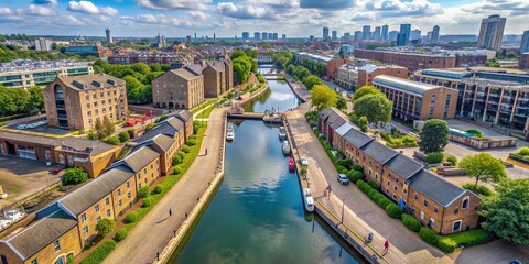 Obraz premium historic site, tourist attraction, tourism, aerial view, outdoor, urban planning, Aerial view of the picturesque Tobacco Dock and Ornamental Canal Path in Wapping London