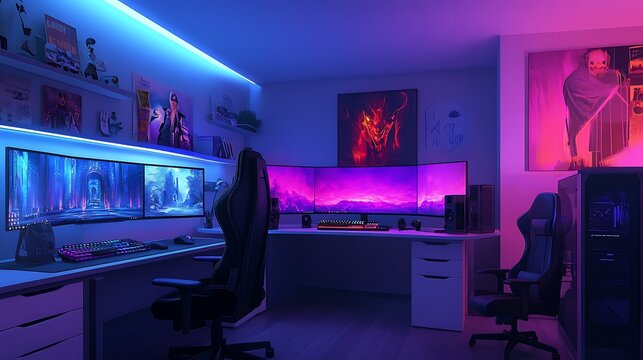 Modern Gaming Setup with Neon Lights and Curved Monitors
